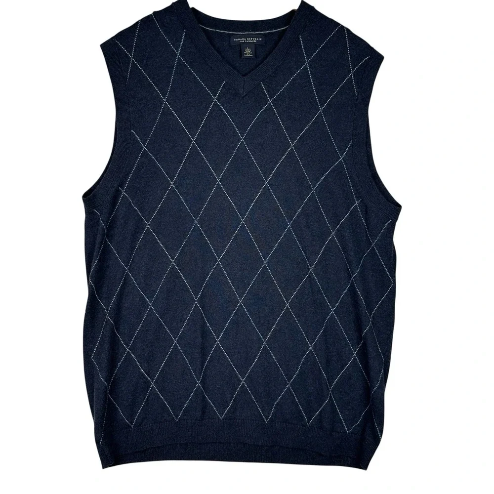 Banana Republic Silk Cashmere Sweater Vest Mens Navy Argyle‎ V Neck Classic